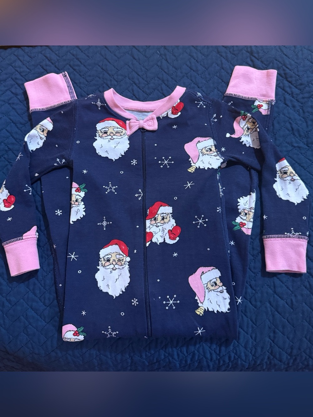 The Beaufort Bonnet Company Girl 2T Navy & Pink Santa Pima Cotton Zip Pajamas
